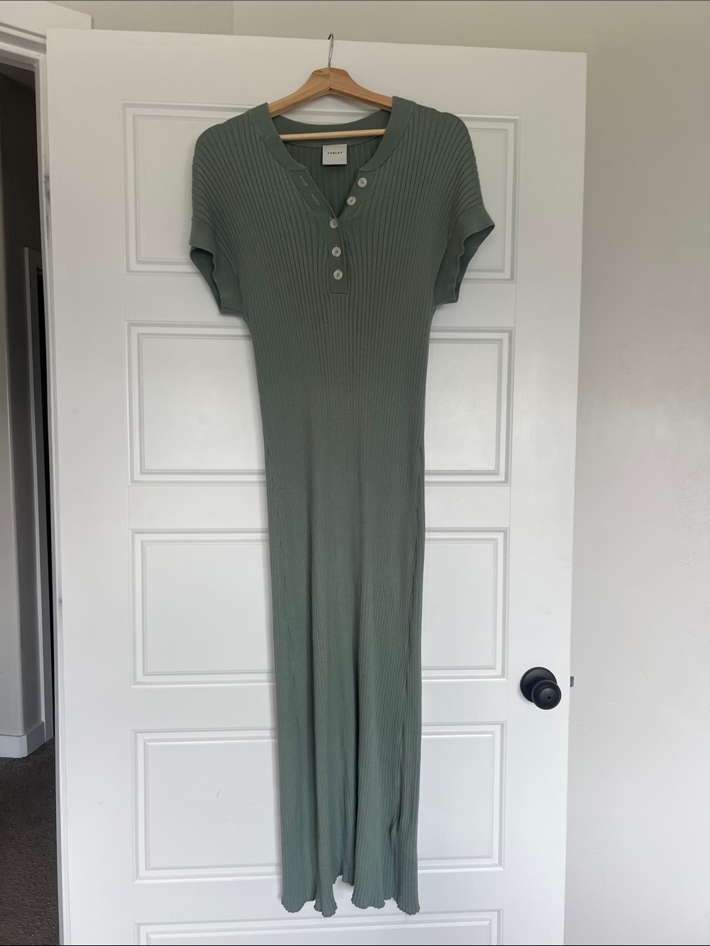 Varley Sage Ribbed V‑Neck Maxi Dress with Button Placket